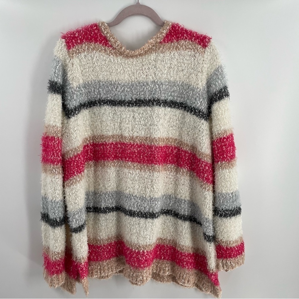 Lane Bryant Striped Boucle Loose Knit Sweater Grosgrain Ribbon Bow Tie Back
